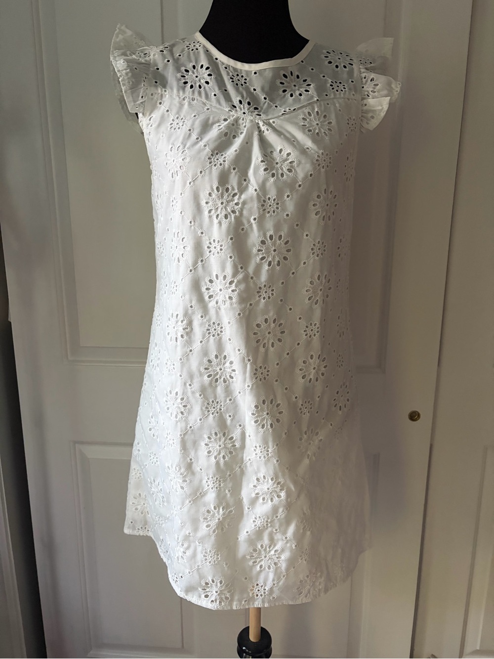 Classic White Eyelet Ruffle-Sleeve Mini Dress Small